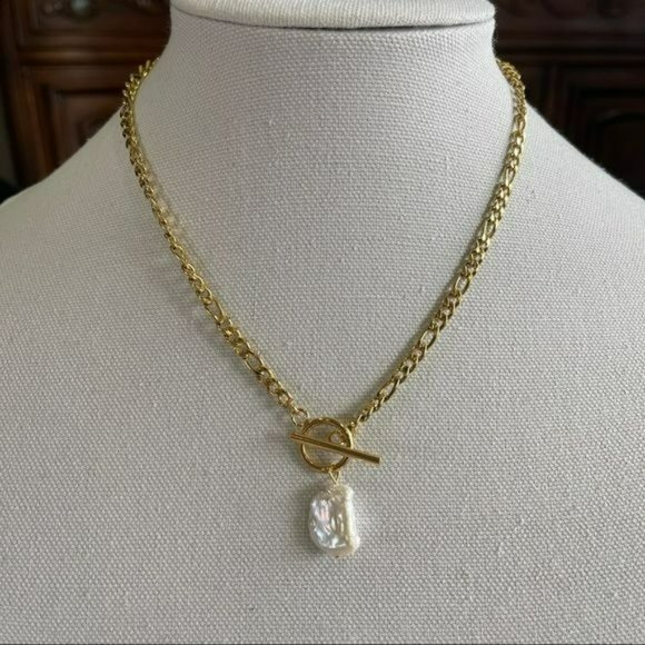 18K Gold Plated Chain Link Baroque‎ Freshwater Pearl Pendant Necklace 17..5in - Picture 10 of 10